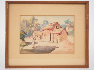 Vente aux enchères RABARIJAOWA. "Devant la case" Aquarelle, signée en bas à gauche et dat