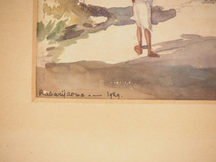 RABARIJAOWA. "Devant la case" Aquarelle, signée en bas à gauche et dat