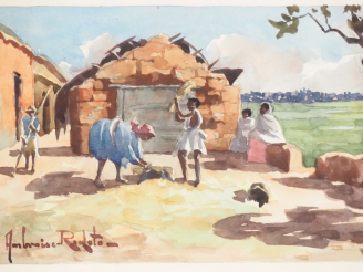 Vente aux enchères Ambroise RAKOTO. "famille malgache devant sa case" Aquarelle, signée e