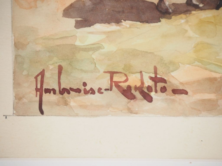 Ambroise RAKOTO. "famille malgache devant sa case" Aquarelle, signée e