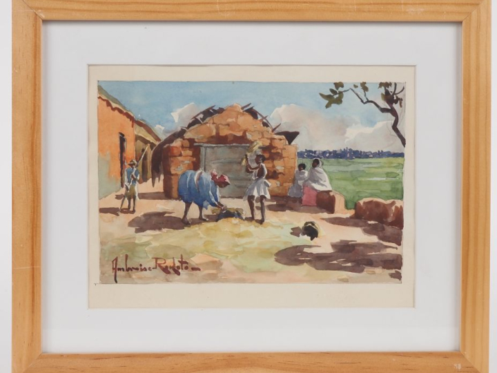Ambroise RAKOTO. "famille malgache devant sa case" Aquarelle, signée e