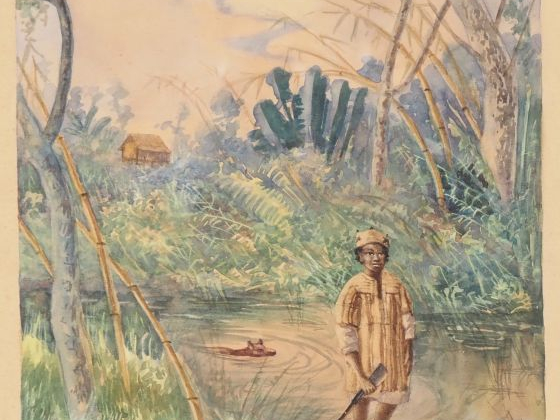 Victor RASAMOELINA.  "chasseur dans les marées" Aquarelle, signée en b