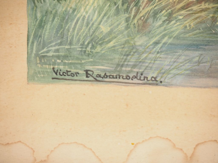 Victor RASAMOELINA.  "chasseur dans les marées" Aquarelle, signée en b
