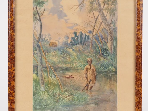 Victor RASAMOELINA.  "chasseur dans les marées" Aquarelle, signée en b