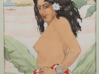 Vente aux enchères JP. ALAUX. (peintre de Tahiti) "La vahiné" Aquarelle, signée en haut à