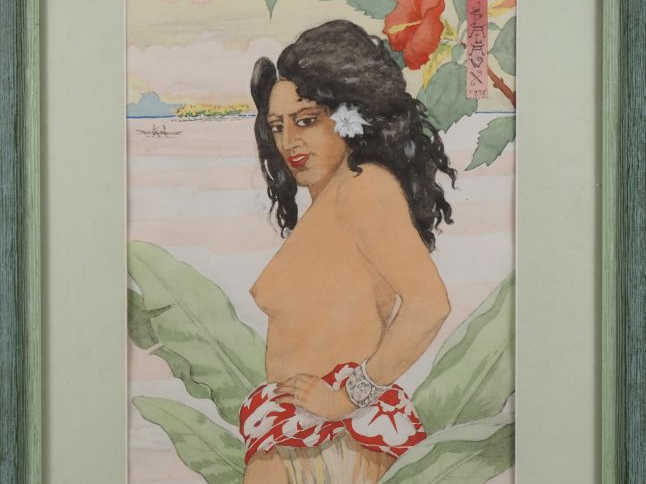 JP. ALAUX. (peintre de Tahiti) "La vahiné" Aquarelle, signée en haut à