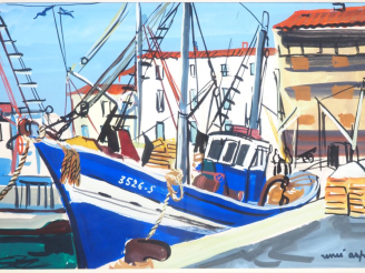 Vente aux enchères Renée ASPE.  "le port de St Jean de Luz" Gouache, signée en bas à droi