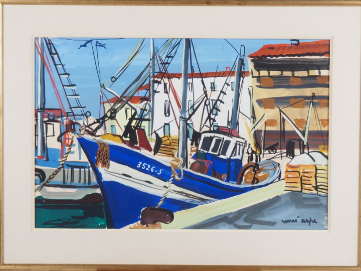 Renée ASPE.  "le port de St Jean de Luz" Gouache, signée en bas à droi