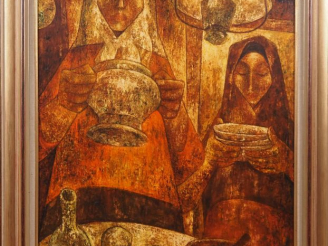 Vente aux enchères F. BAJEN.  "Le souper" Huile sur toile, signée en haut à droite  Dim. 