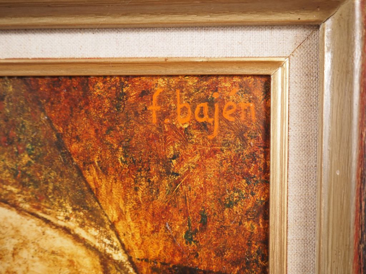 F. BAJEN.  "Le souper" Huile sur toile, signée en haut à droite  Dim. 