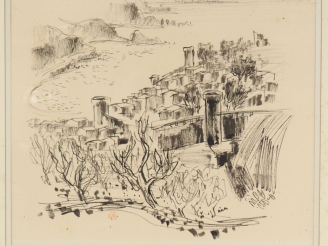 Vente aux enchères Ecole française Xxème.  "Village fortifiée en bord de mer" Encre, mono