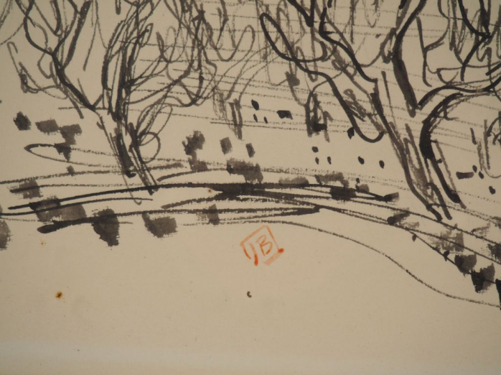 Ecole française Xxème.  "Village fortifiée en bord de mer" Encre, mono