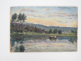 Vente aux enchères P. BLIN.  "paysage lacustre animé" Huile sur panneau, signée en bas à 