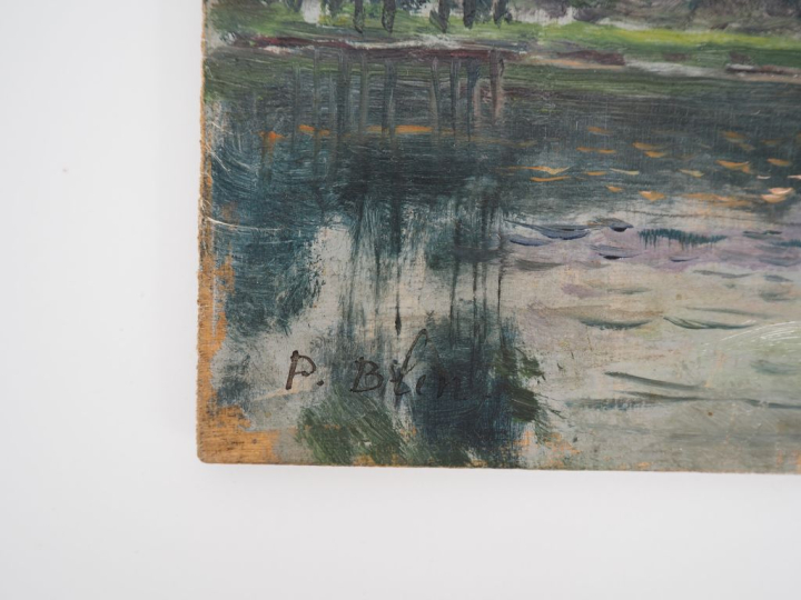 P. BLIN.  "paysage lacustre animé" Huile sur panneau, signée en bas à 