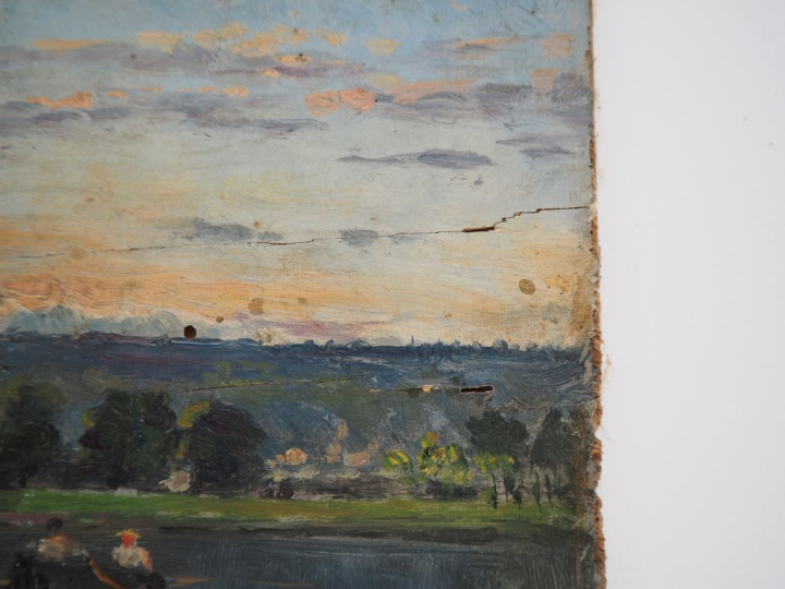 P. BLIN.  "paysage lacustre animé" Huile sur panneau, signée en bas à 