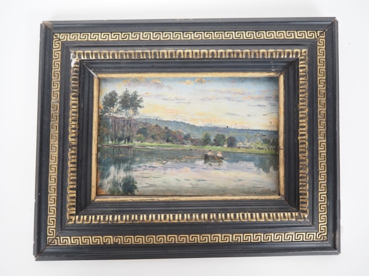 P. BLIN.  "paysage lacustre animé" Huile sur panneau, signée en bas à 