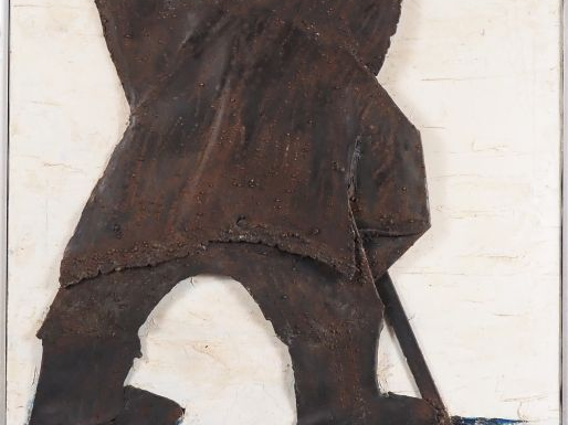 René BROCHARD.  "le chasseur esquimau"  Huile sur toile et métal décou