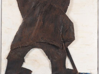 Vente aux enchères René BROCHARD.  "le chasseur esquimau"  Huile sur toile et métal décou