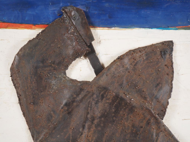 René BROCHARD.  "le chasseur esquimau"  Huile sur toile et métal décou