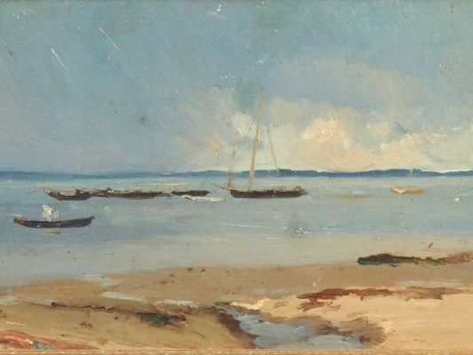 L. CABIE.  "Marine" Huile sur panneau, signée en bas à droite Dim. 18,