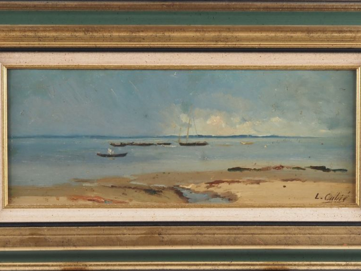 L. CABIE.  "Marine" Huile sur panneau, signée en bas à droite Dim. 18,
