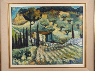 Vente aux enchères Gérard CALVET.  "Paysage du Midi" Huile sur toile, signée en bas à dro