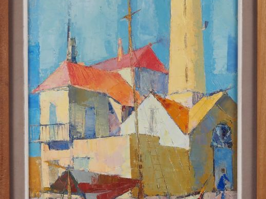 Gérard CALVET. "le phare du Grau du Roi" Huile sur toile, signée en ba