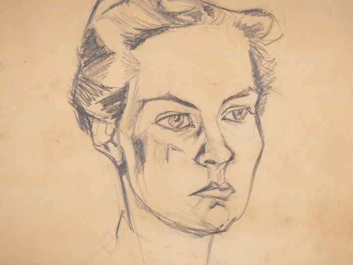 Gérard CALVET.  "portrait de femme" Dessin au crayon, signé en bas à g