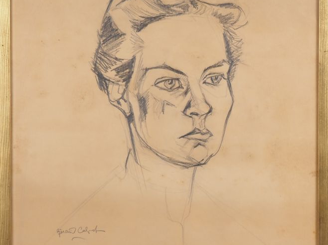 Gérard CALVET.  "portrait de femme" Dessin au crayon, signé en bas à g