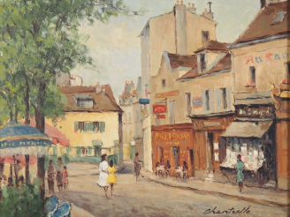 Vente aux enchères Lucien CHANTERELLE.  "place du Tertre à Montmartre" Huile sur panneau,