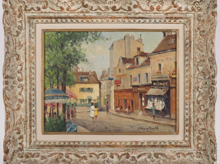 Lucien CHANTERELLE.  "place du Tertre à Montmartre" Huile sur panneau,