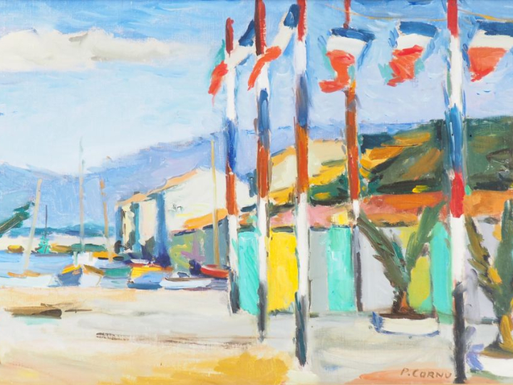 Pierre CORNU.  "village de bord de mer, le 14 juillet" Huile sur toile