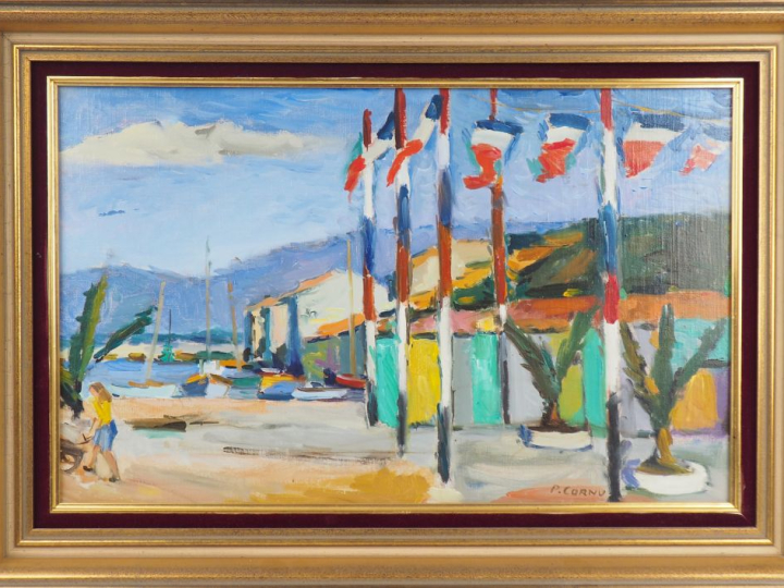 Pierre CORNU.  "village de bord de mer, le 14 juillet" Huile sur toile