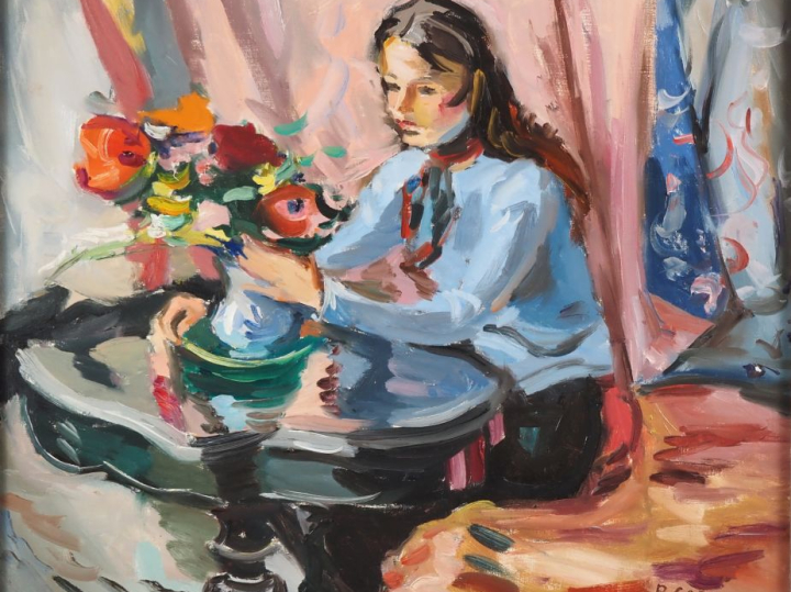 Pierre CORNU.  "Jeune fille faisant un bouquet de fleurs" Huile sur to