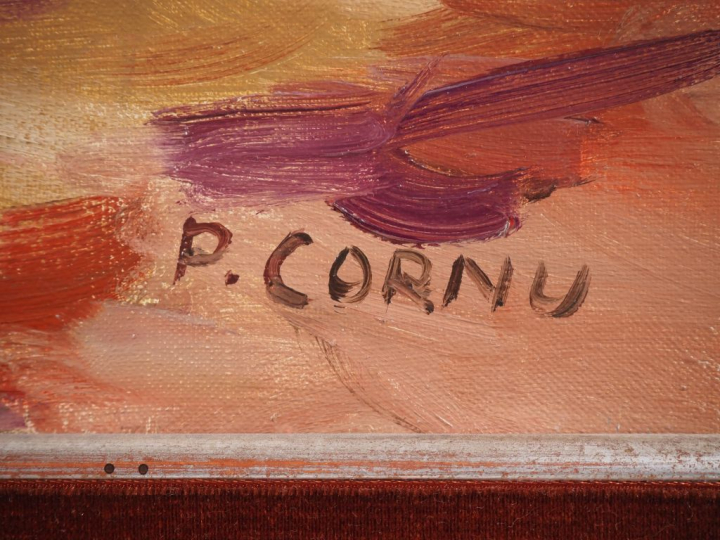 Pierre CORNU.  "Jeune fille faisant un bouquet de fleurs" Huile sur to