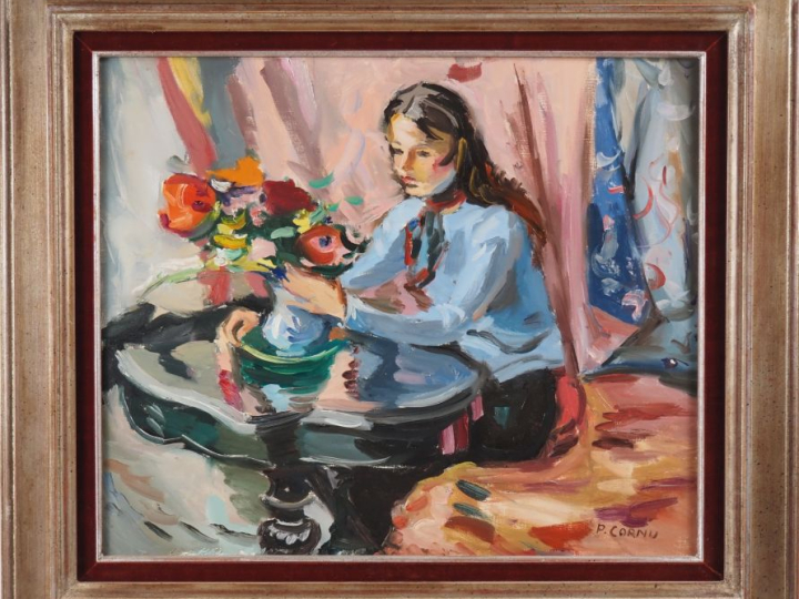 Pierre CORNU.  "Jeune fille faisant un bouquet de fleurs" Huile sur to