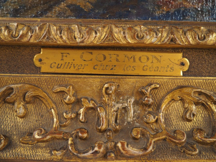 F. CORMON.  "Gulliver chez les géants" Huile sur toile, signée en bas 