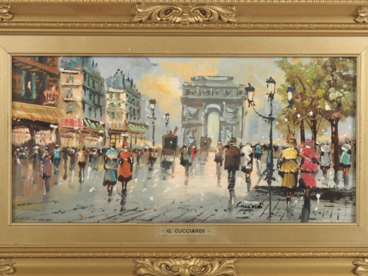 Q. CUCCIARDI.  "Paris, l'arc de Triomphe"  Huile sur panneau, signée e