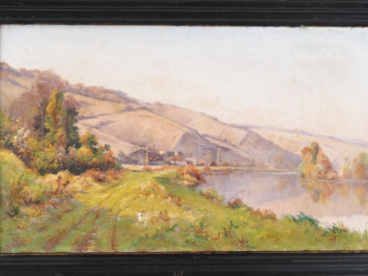 E. DELAHAGUES.  "bords de Seine à Lormais" Huile sur toile, signée en 