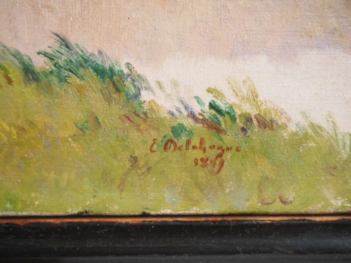 E. DELAHAGUES.  "bords de Seine à Lormais" Huile sur toile, signée en 