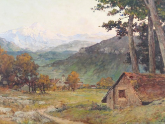 Vente aux enchères F. DESAIRE.  "paysage de montagne, le soir près d'Annecy" Huile sur pa