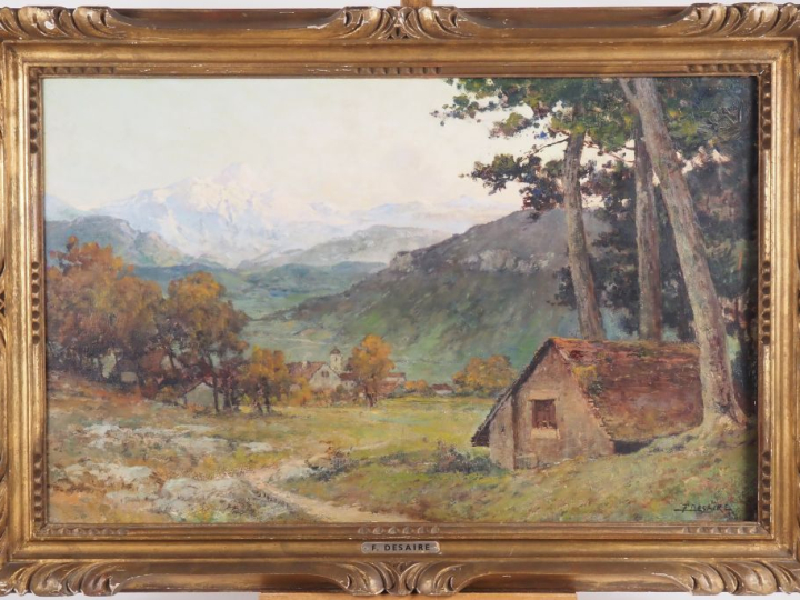 F. DESAIRE.  "paysage de montagne, le soir près d'Annecy" Huile sur pa