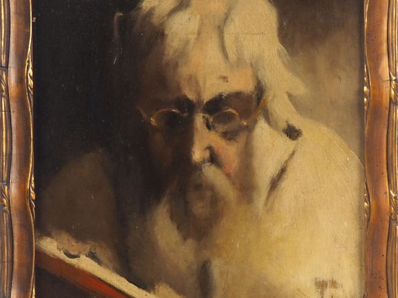 Louis Henri DESCHAMPS.  "Vieil homme à la lecture" Huile sur panneau, 