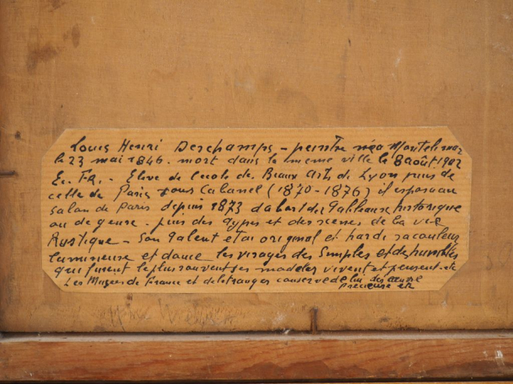 Louis Henri DESCHAMPS.  "Vieil homme à la lecture" Huile sur panneau, 