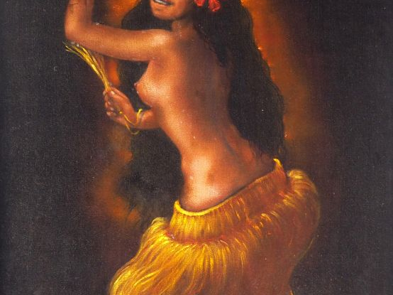 Pierre DILHAN.  "danseuse tahitienne" Peinture sur velours, signée en 