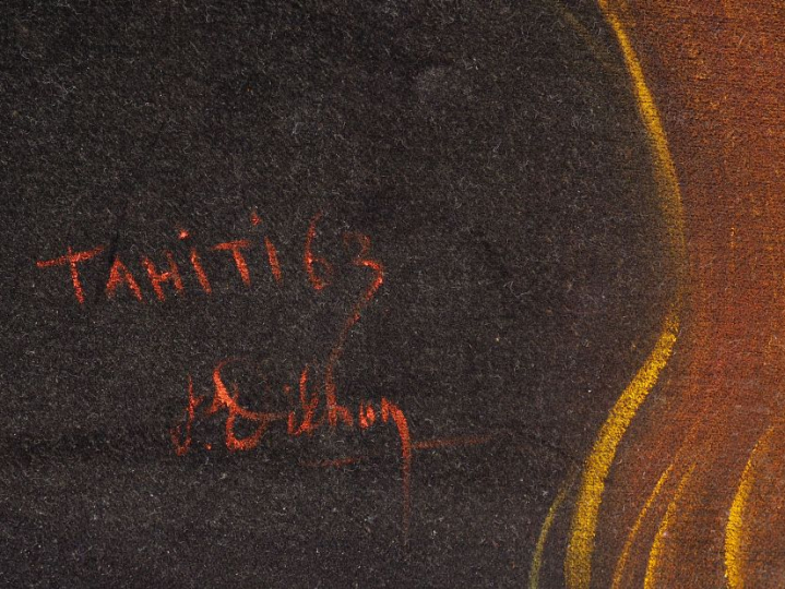Pierre DILHAN.  "danseuse tahitienne" Peinture sur velours, signée en 