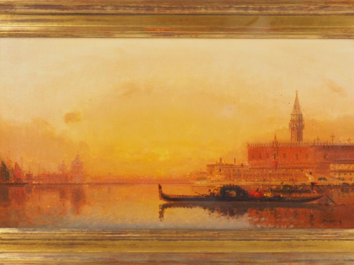 Henri DUVIEUX.  "Venise, le grand canal au soleil couchant" Huile sur 