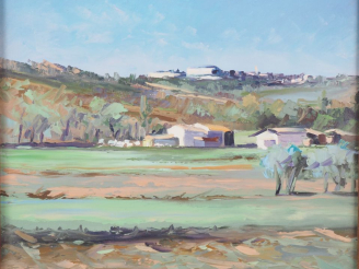 Vente aux enchères ESTEVE.  "Paysage de l'Aude  au printemps" Huile sur toile, signée en 