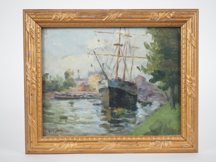 Alphonse FAURÉ.  "Bateaux sur la Seine à Saint Cloud" Huile sur pannea