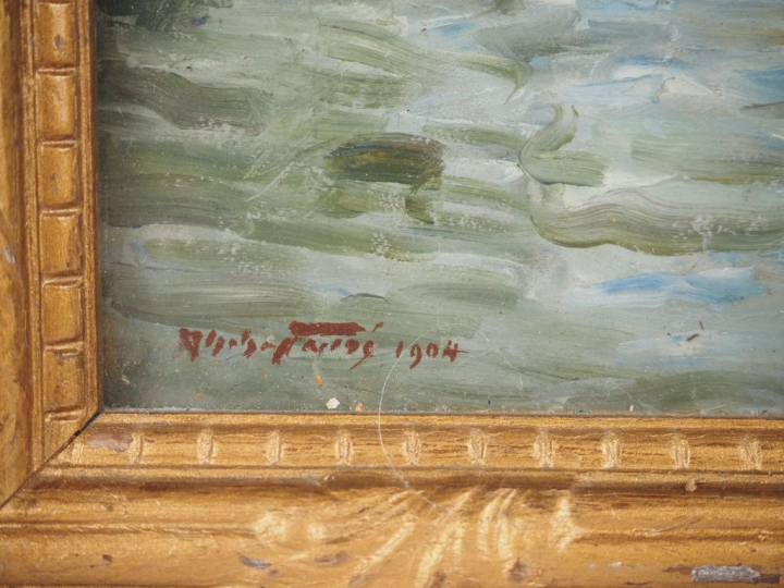 Alphonse FAURÉ.  "Bateaux sur la Seine à Saint Cloud" Huile sur pannea